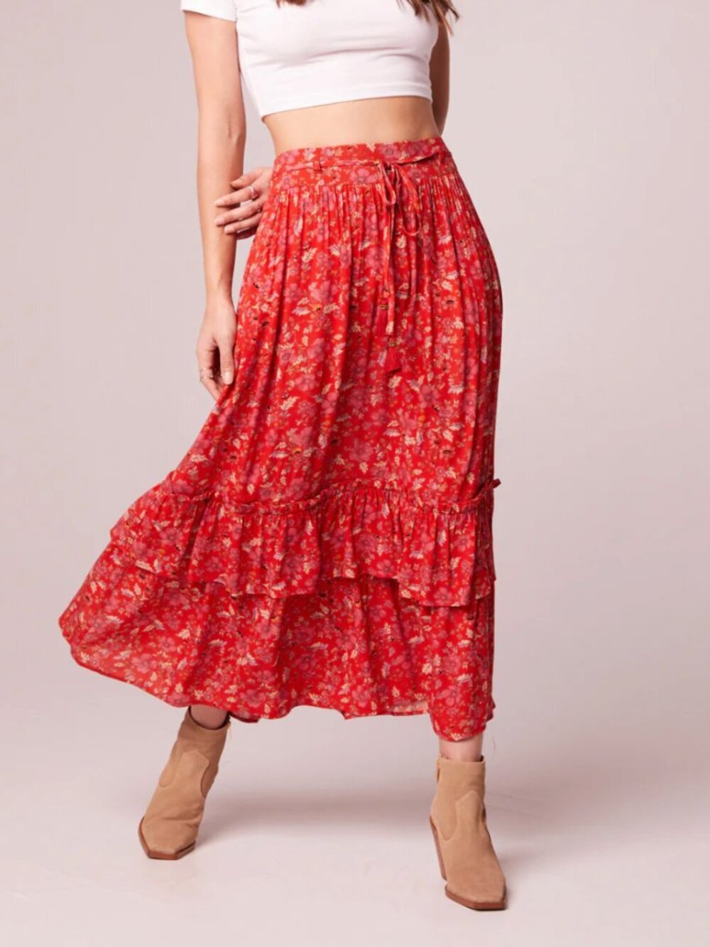 Band of The Free Ninette Crimson Floral Tiered Maxi Skirt Spring Summer Women's